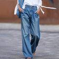 Shopnory | Weite Jeans Lässige Passform Faltendes Denim Voller Länge