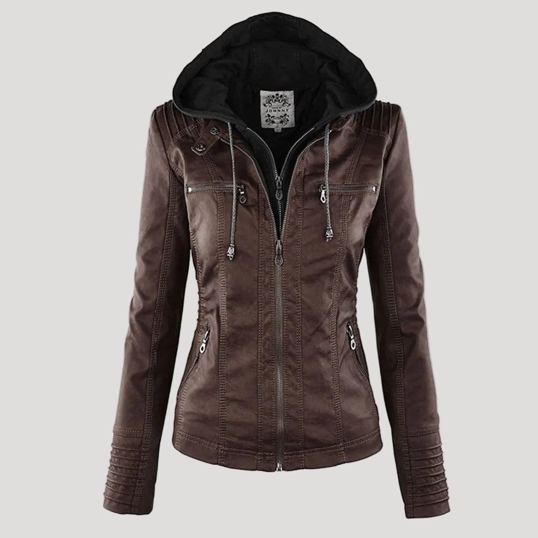 Wetterfester Damen Faux Lederjacke mit Kapuze