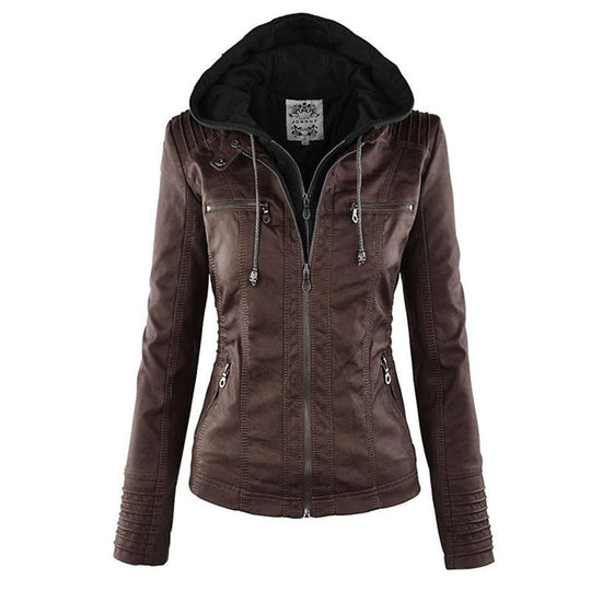 Wasserdichte Lederjacke mit Kapuze für Damen