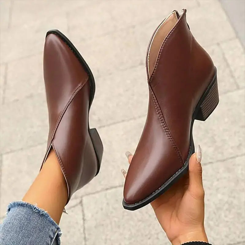 Damen Leder Stiefeletten mit Spitzer Spitze & Plateauabsatz