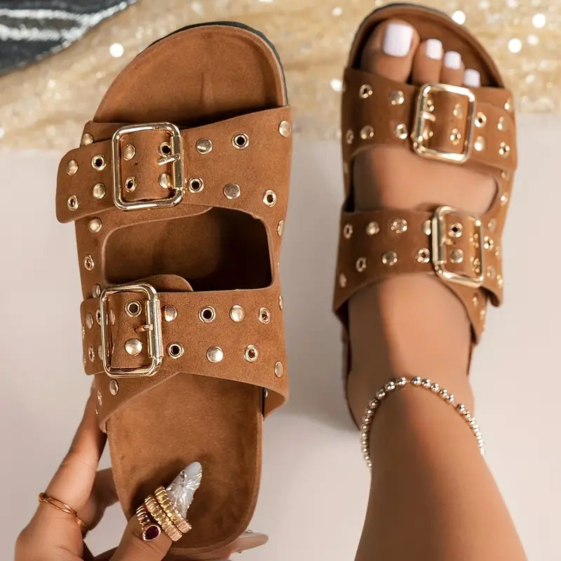 Damen Sandalen mit Doppeltem Riemen und Schnalle