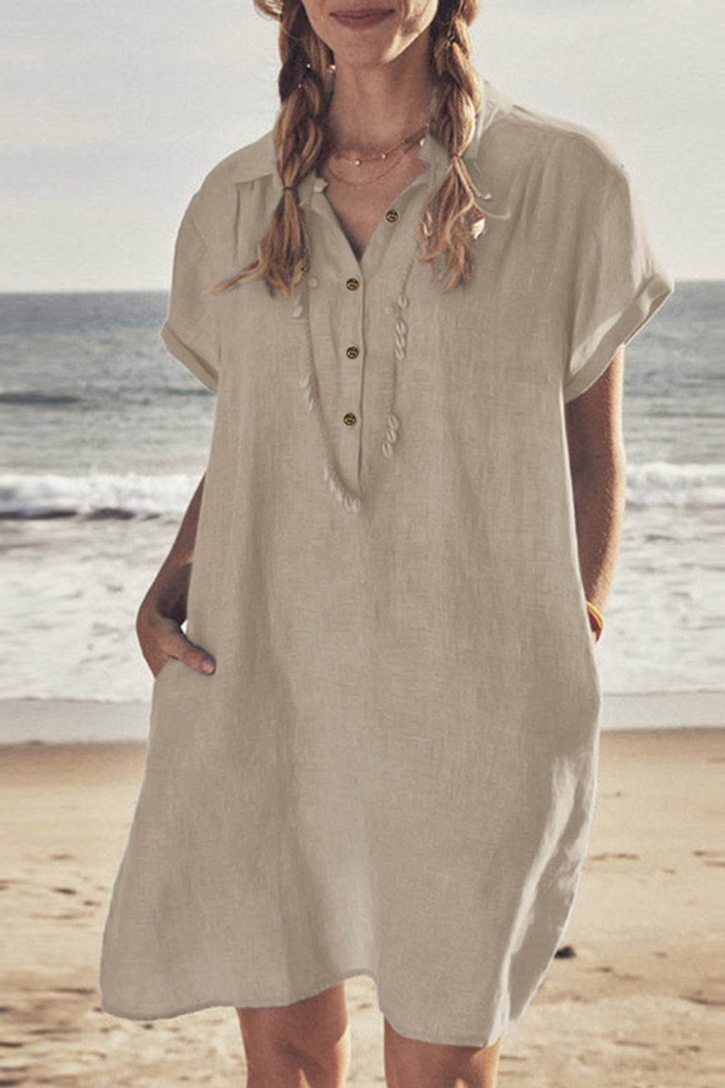 Knopf Unten Baumwoll Strandkleid