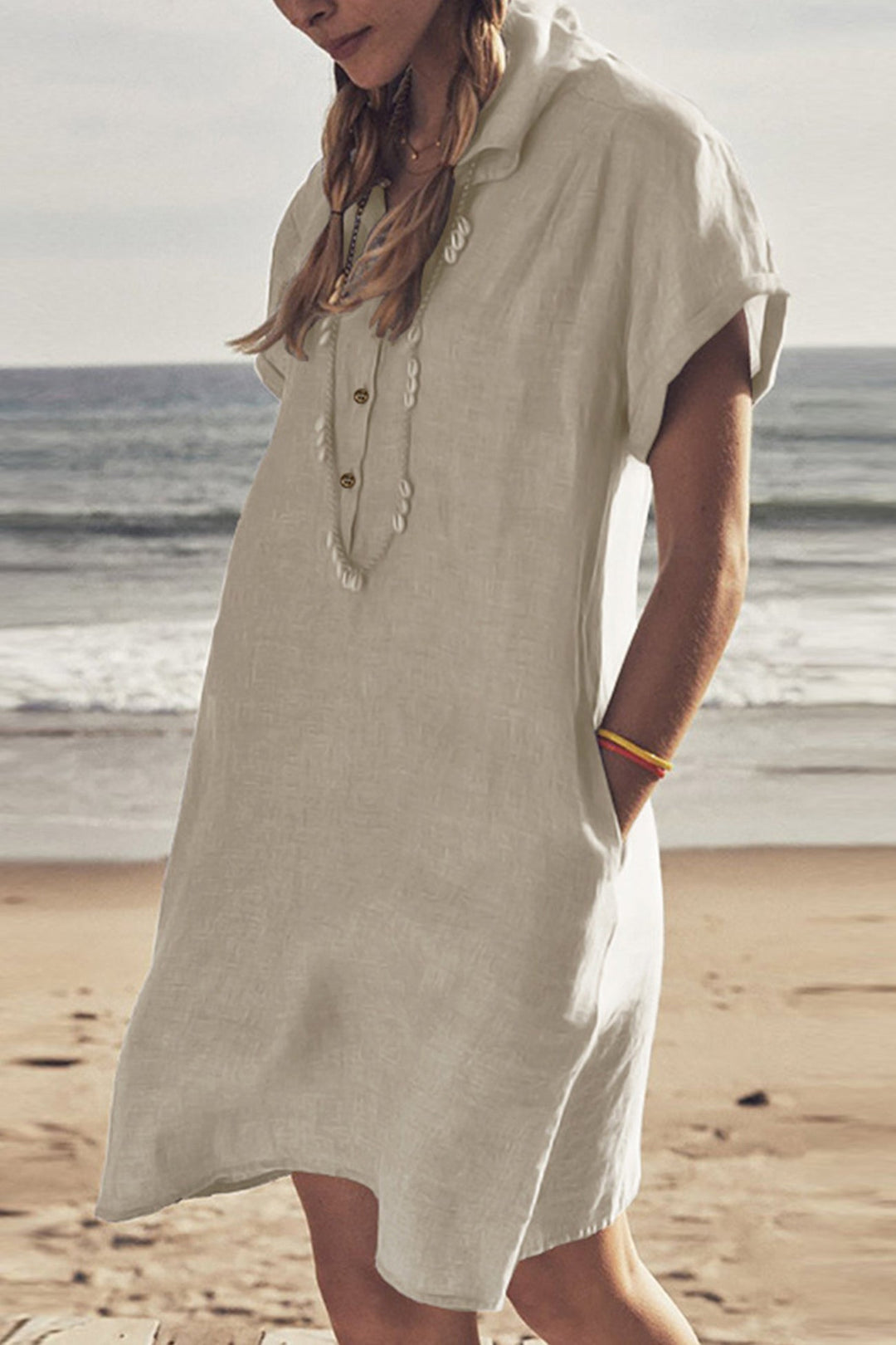 Knopf Unten Baumwoll Strandkleid