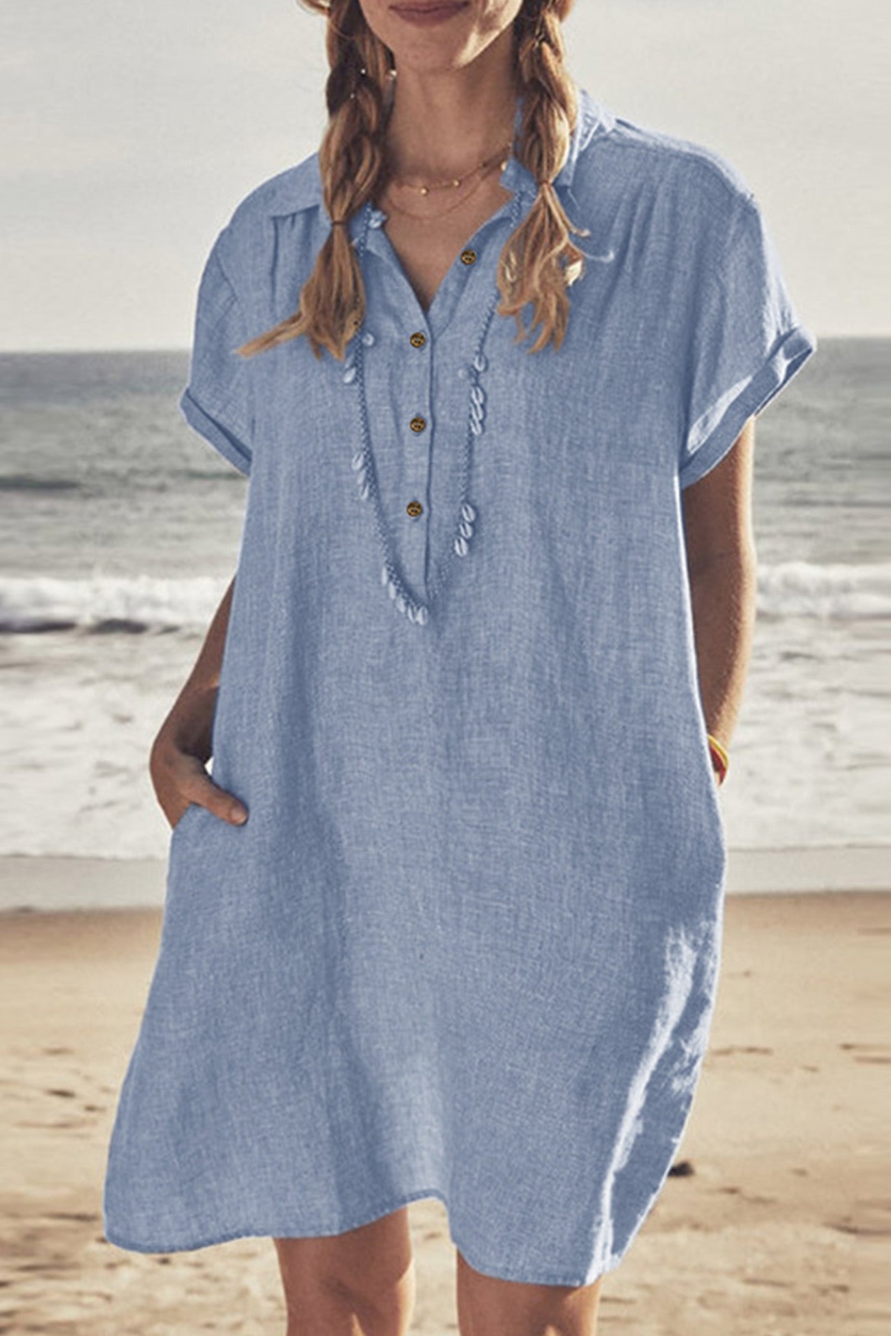 Knopf Unten Baumwoll Strandkleid