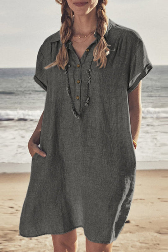 Knopfverschluss Baumwoll-Leinen Strandkleid