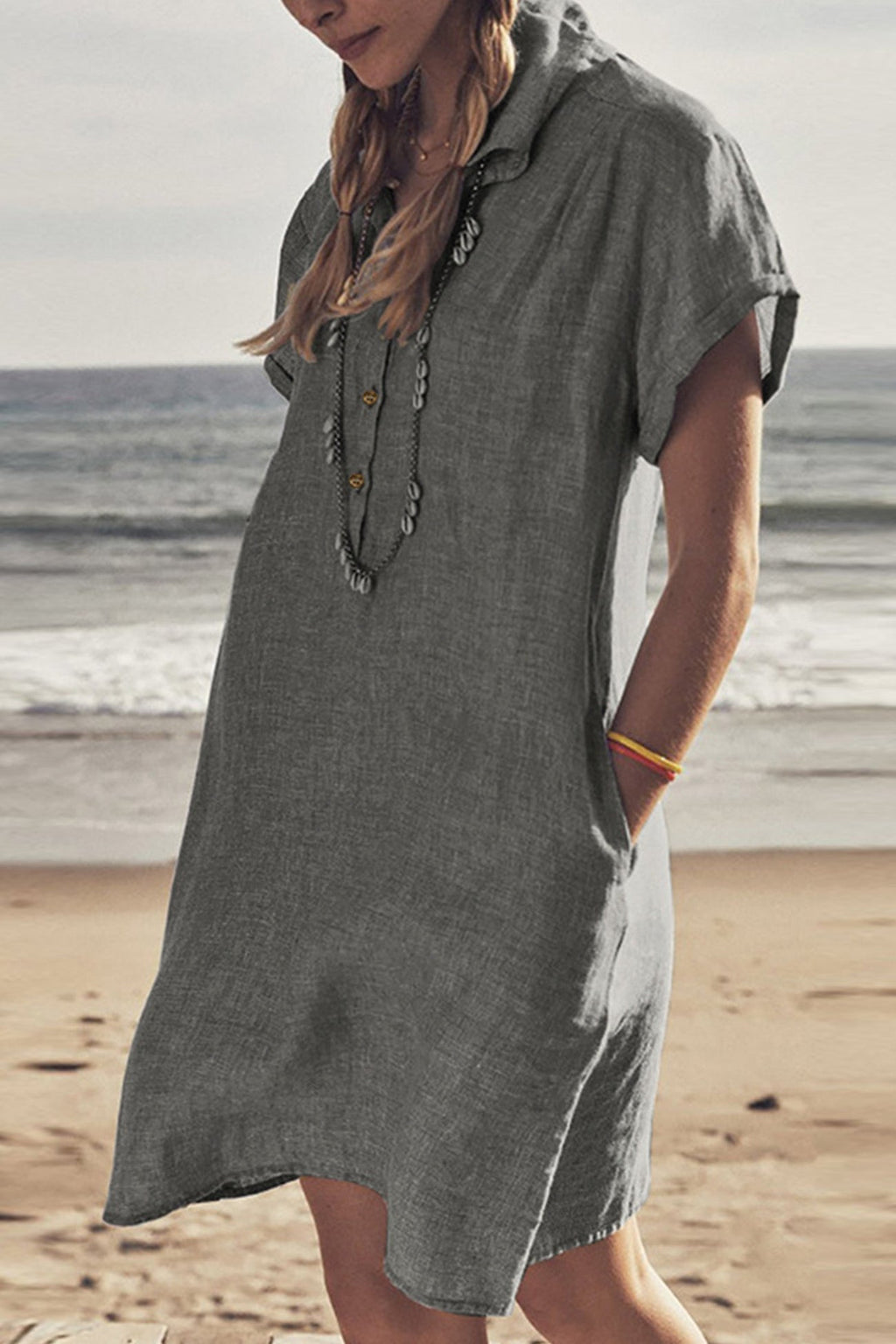 Knopf Unten Baumwoll Strandkleid