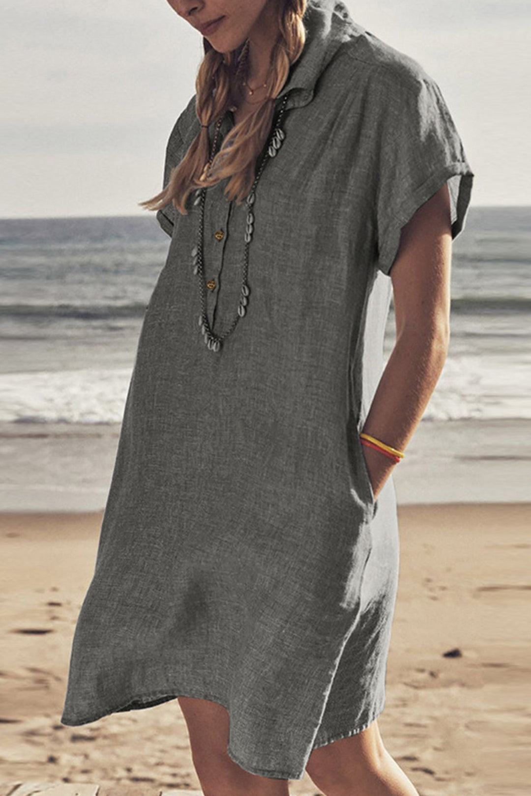 Knopfverschluss Baumwoll-Leinen Strandkleid