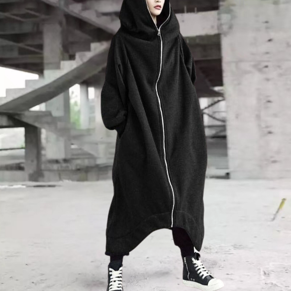 Lange Winterjacke mit Kapuze und Reißverschluss für Damen