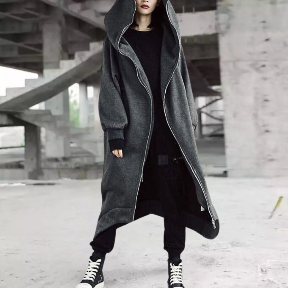 Lange Winterjacke mit Kapuze und Reißverschluss für Damen