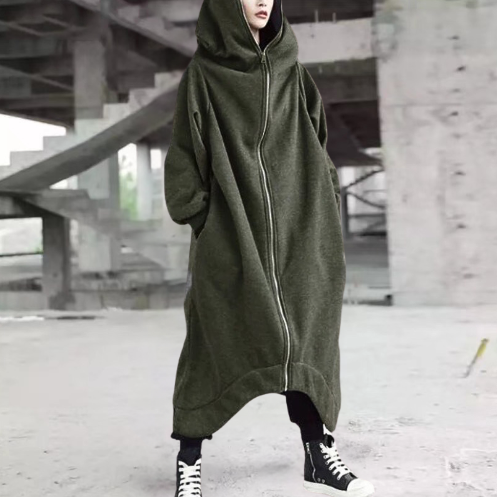 Lange Winterjacke mit Kapuze und Reißverschluss für Damen