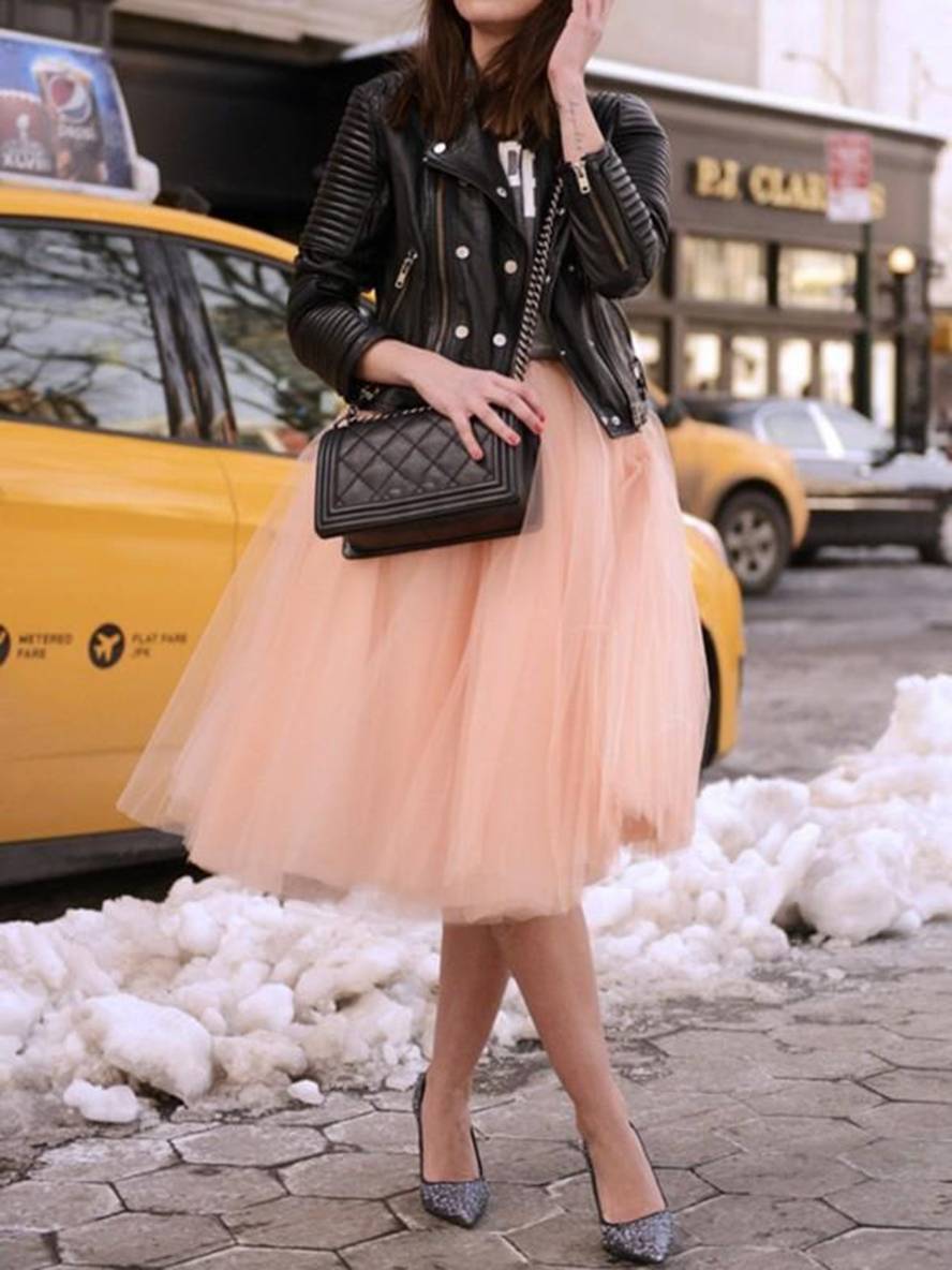Midi-Länge Faltenrock Elastischer Tutu Aus Tüll Elegant Rosa