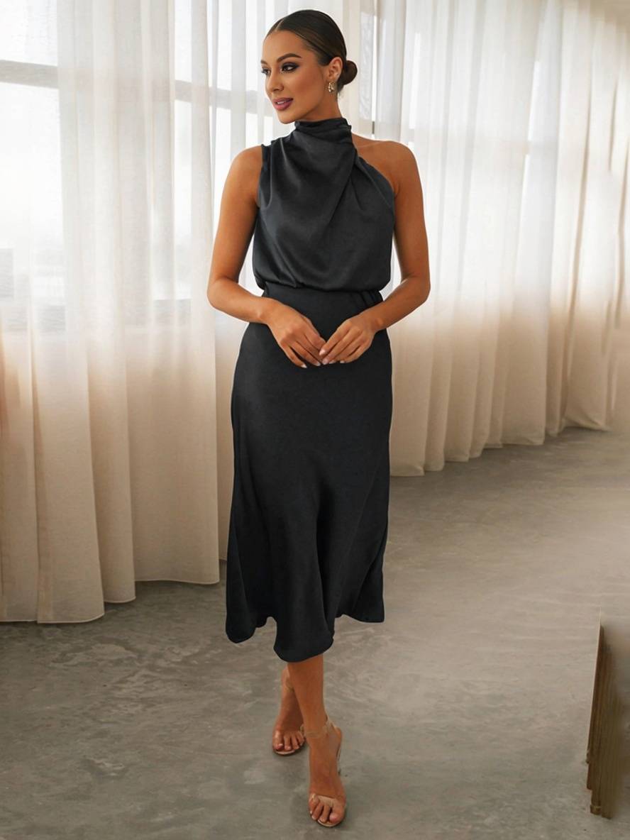 Lange Satin Brautjungfernkleid Unregelmäßiger Rollkragen Halsband Ärmless Elegant Abendkleid für Hochzeit