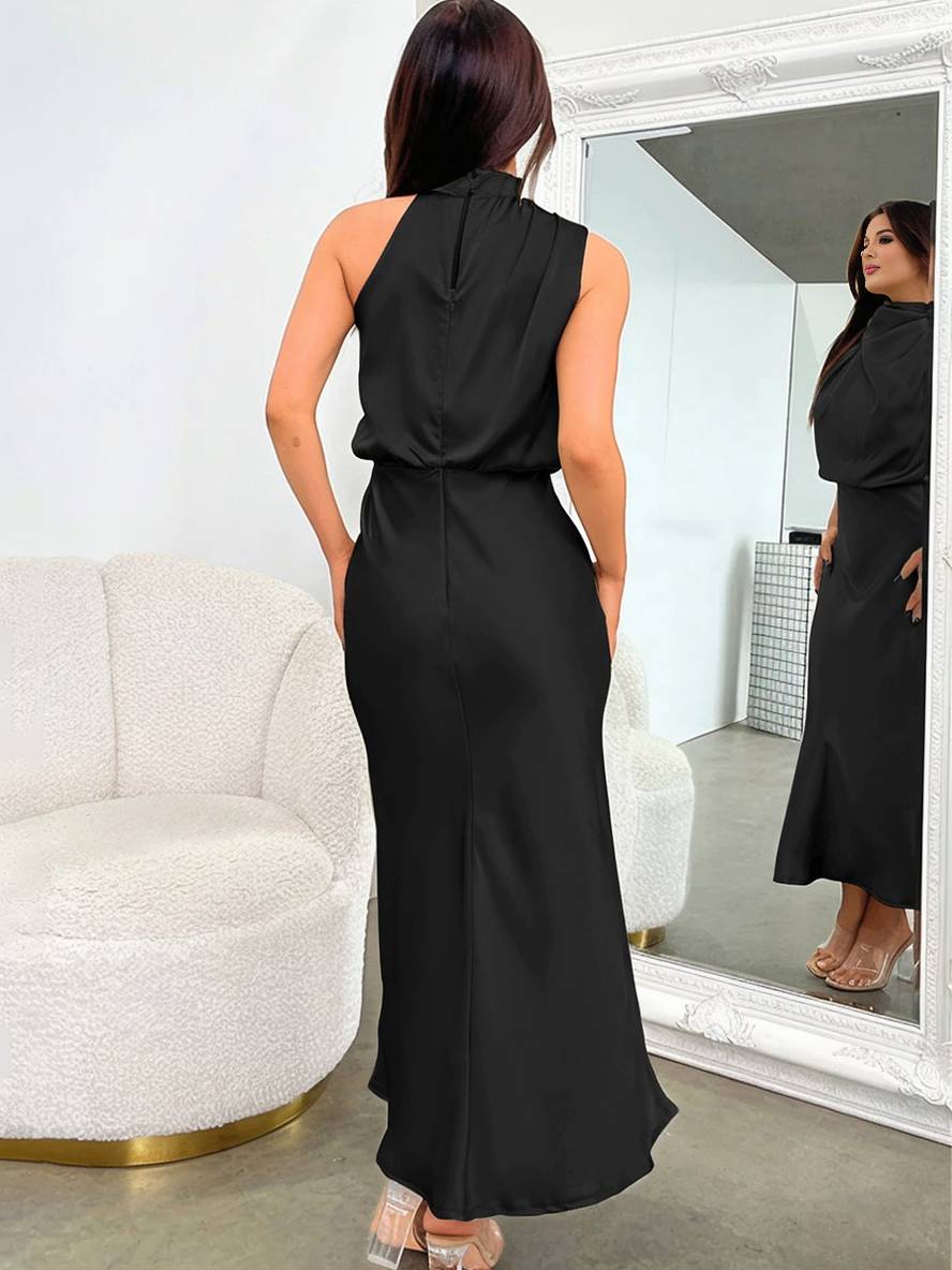 Lange Satin Brautjungfernkleid Unregelmäßiger Rollkragen Halsband Ärmless Elegant Abendkleid für Hochzeit