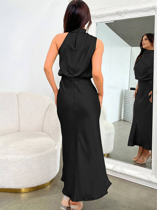 Lange Satin Brautjungfernkleid Unregelmäßiger Rollkragen Halsband Ärmless Elegant Abendkleid für Hochzeit