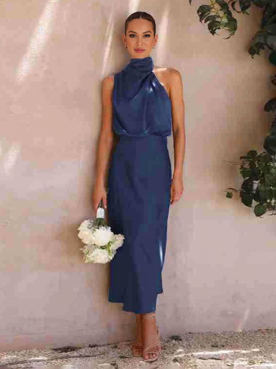 Lange Satin Brautjungfernkleid Unregelmäßiger Rollkragen Halsband Ärmless Elegant Abendkleid für Hochzeit