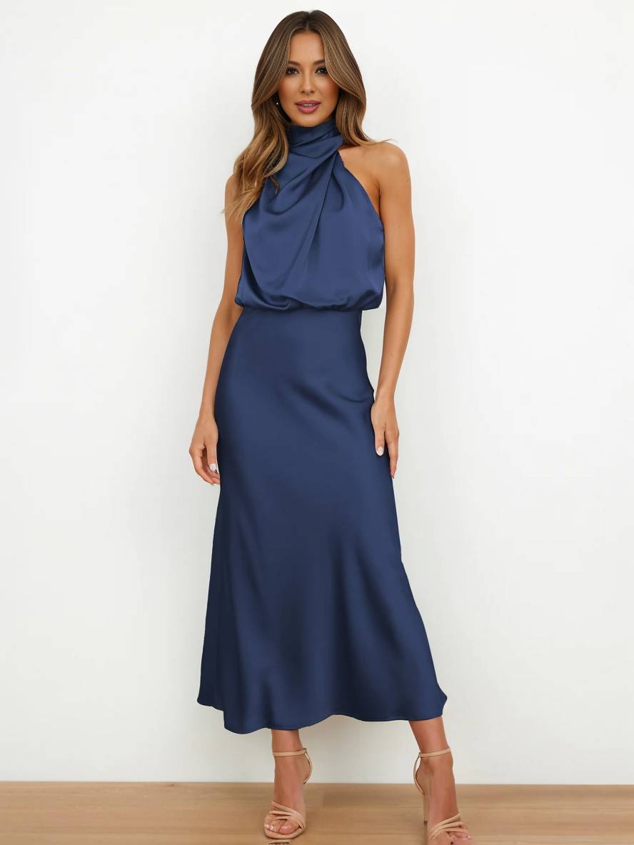 Lange Satin Brautjungfernkleid Unregelmäßiger Rollkragen Halsband Ärmless Elegant Abendkleid für Hochzeit
