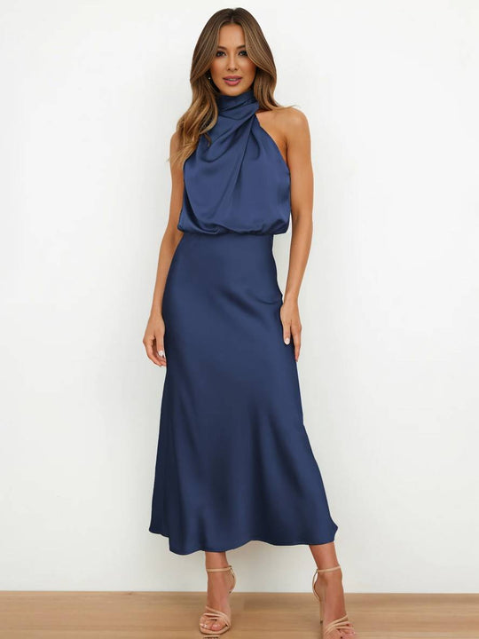 Lange Satin Brautjungfernkleid Unregelmäßiger Rollkragen Halsband Ärmless Elegant Abendkleid für Hochzeit