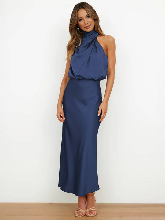 Lange Satin Brautjungfernkleid Unregelmäßiger Rollkragen Halsband Ärmless Elegant Abendkleid für Hochzeit