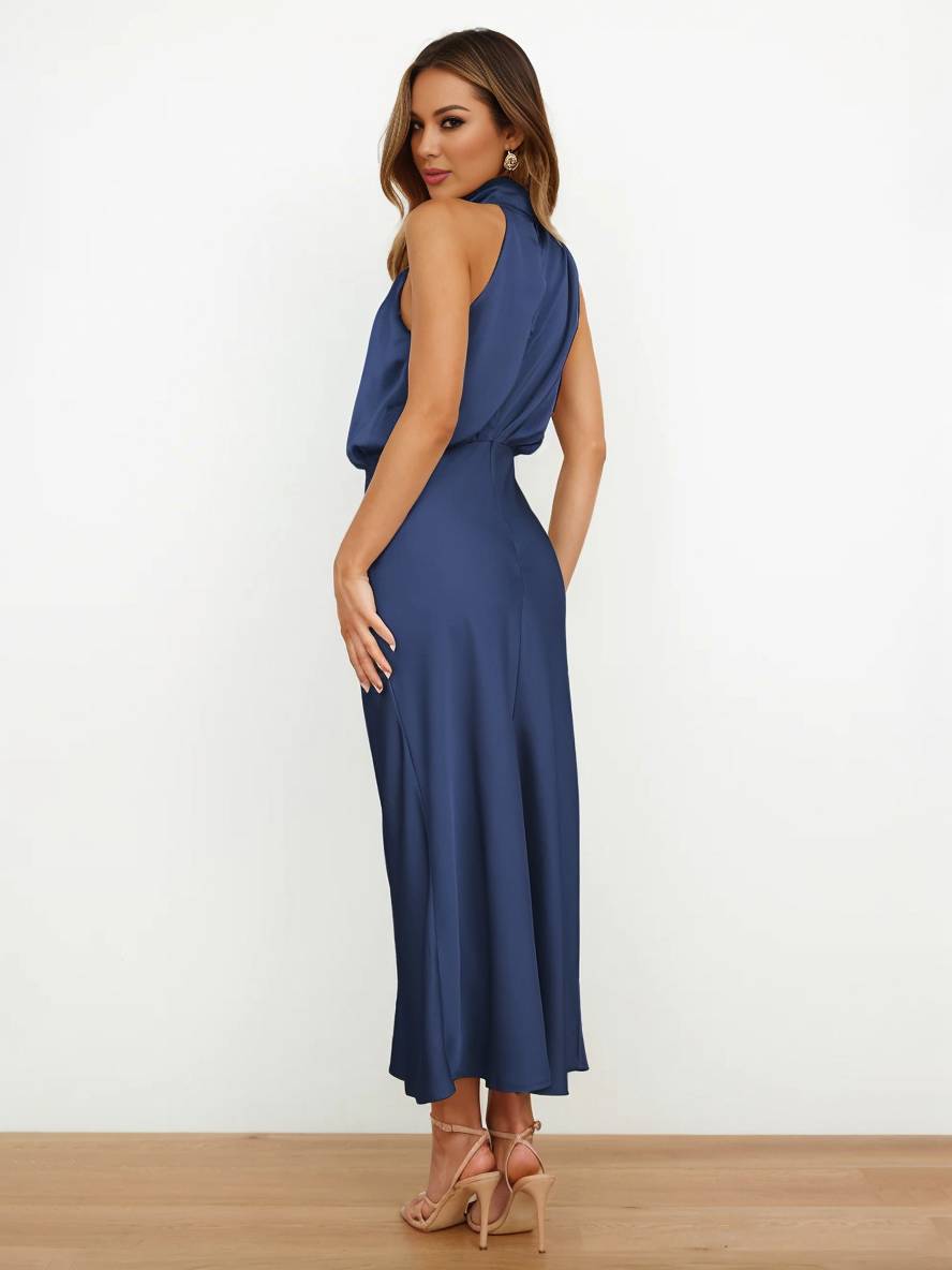 Lange Satin Brautjungfernkleid Unregelmäßiger Rollkragen Halsband Ärmless Elegant Abendkleid für Hochzeit