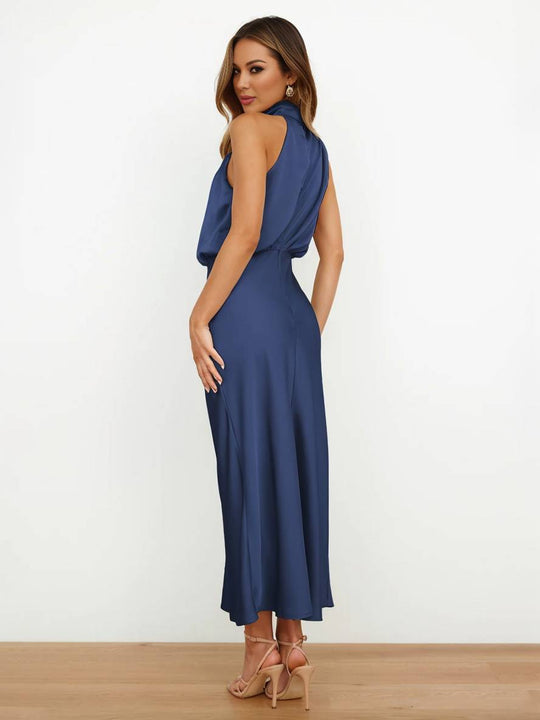 Lange Satin Brautjungfernkleid Unregelmäßiger Rollkragen Halsband Ärmless Elegant Abendkleid für Hochzeit