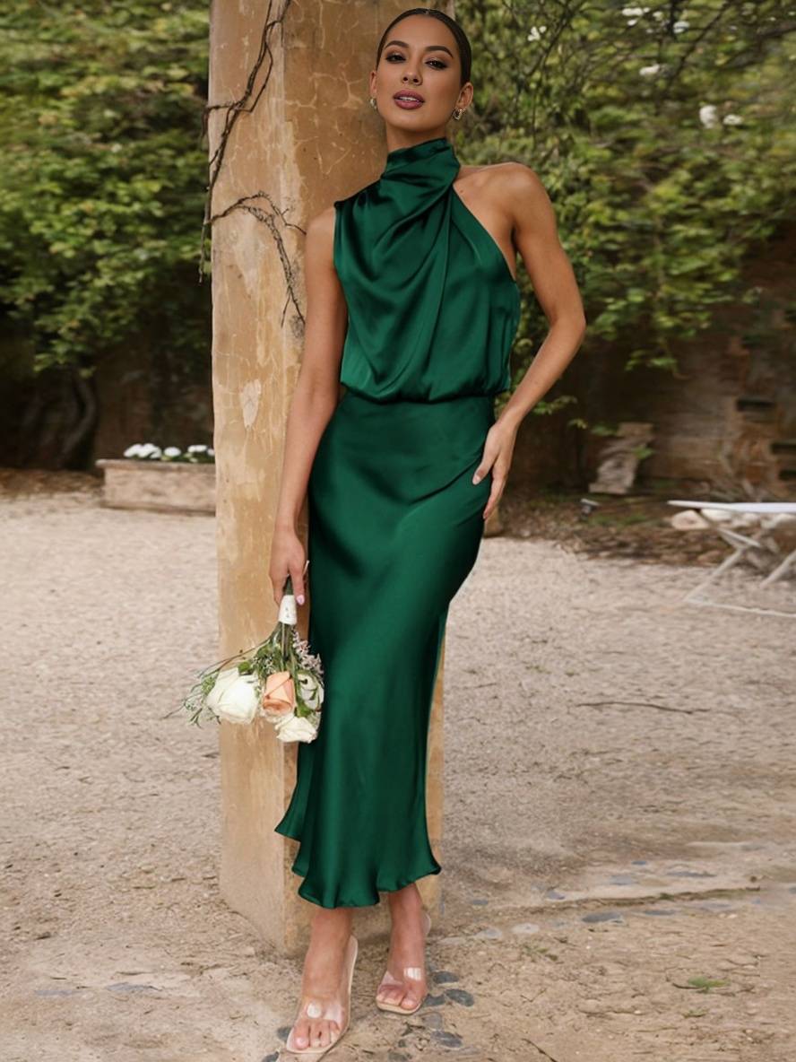 Lange Satin Brautjungfernkleid Unregelmäßiger Rollkragen Halsband Ärmless Elegant Abendkleid für Hochzeit