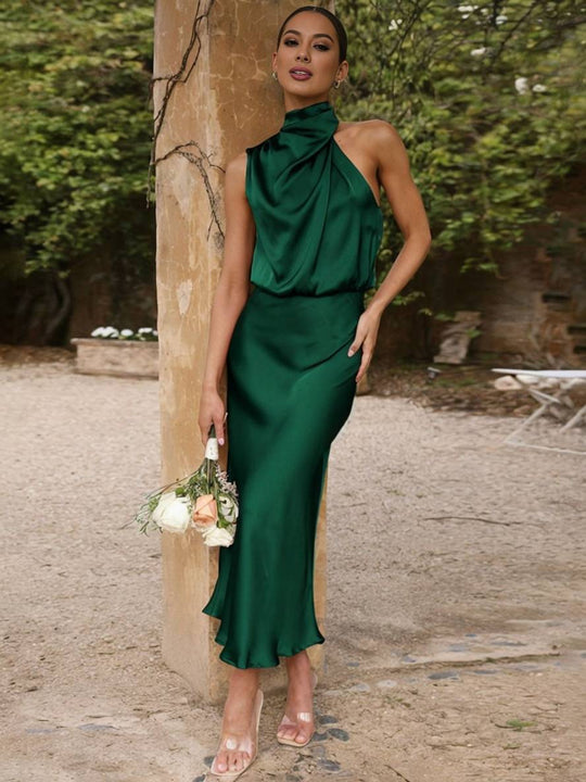 Lange Satin Brautjungfernkleid Unregelmäßiger Rollkragen Halsband Ärmless Elegant Abendkleid für Hochzeit