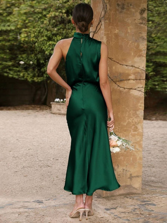 Lange Satin Brautjungfernkleid Unregelmäßiger Rollkragen Halsband Ärmless Elegant Abendkleid für Hochzeit