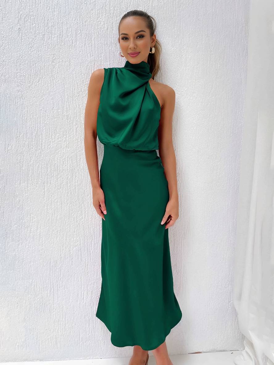 Lange Satin Brautjungfernkleid Unregelmäßiger Rollkragen Halsband Ärmless Elegant Abendkleid für Hochzeit