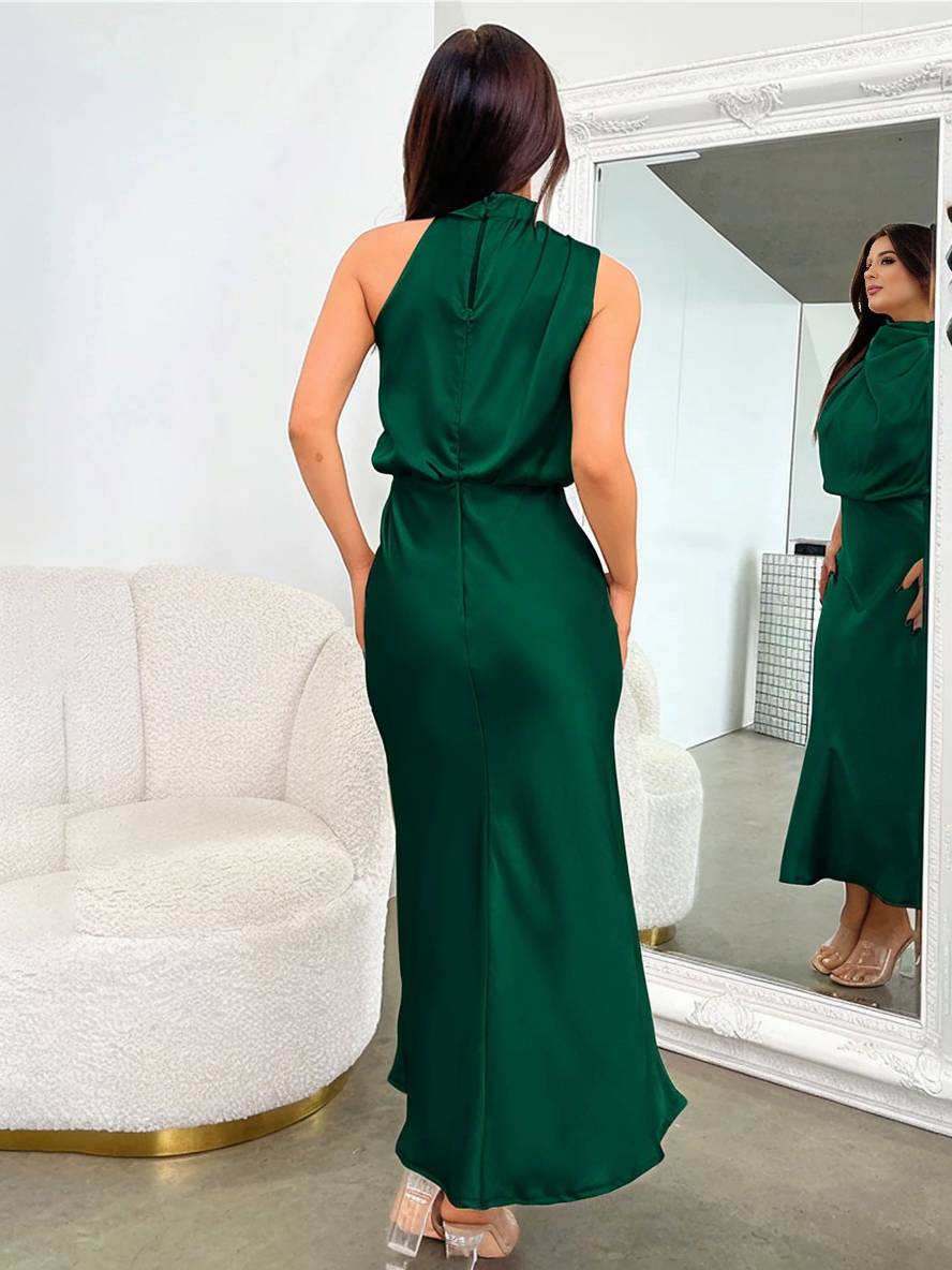 Lange Satin Brautjungfernkleid Unregelmäßiger Rollkragen Halsband Ärmless Elegant Abendkleid für Hochzeit