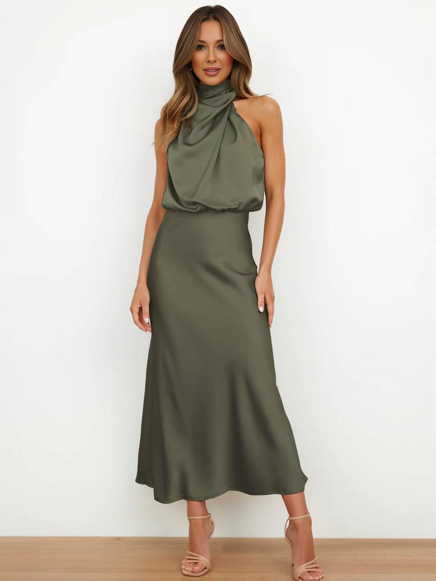Lange Satin Brautjungfernkleid Unregelmäßiger Rollkragen Halsband Ärmless Elegant Abendkleid für Hochzeit