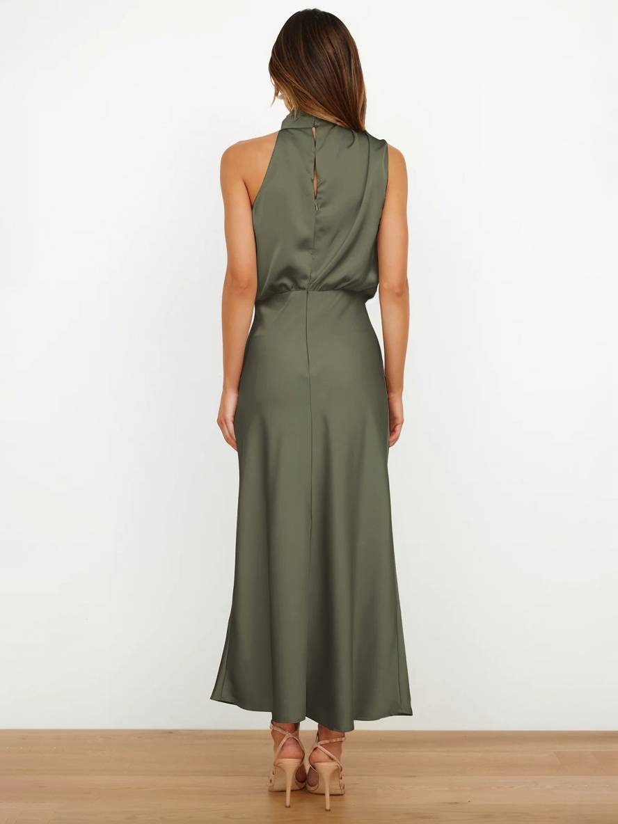 Lange Satin Brautjungfernkleid Unregelmäßiger Rollkragen Halsband Ärmless Elegant Abendkleid für Hochzeit