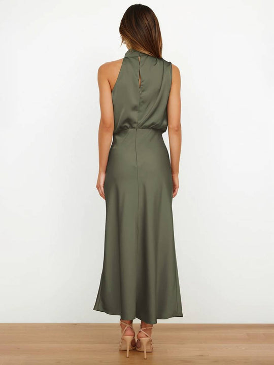 Lange Satin Brautjungfernkleid Unregelmäßiger Rollkragen Halsband Ärmless Elegant Abendkleid für Hochzeit