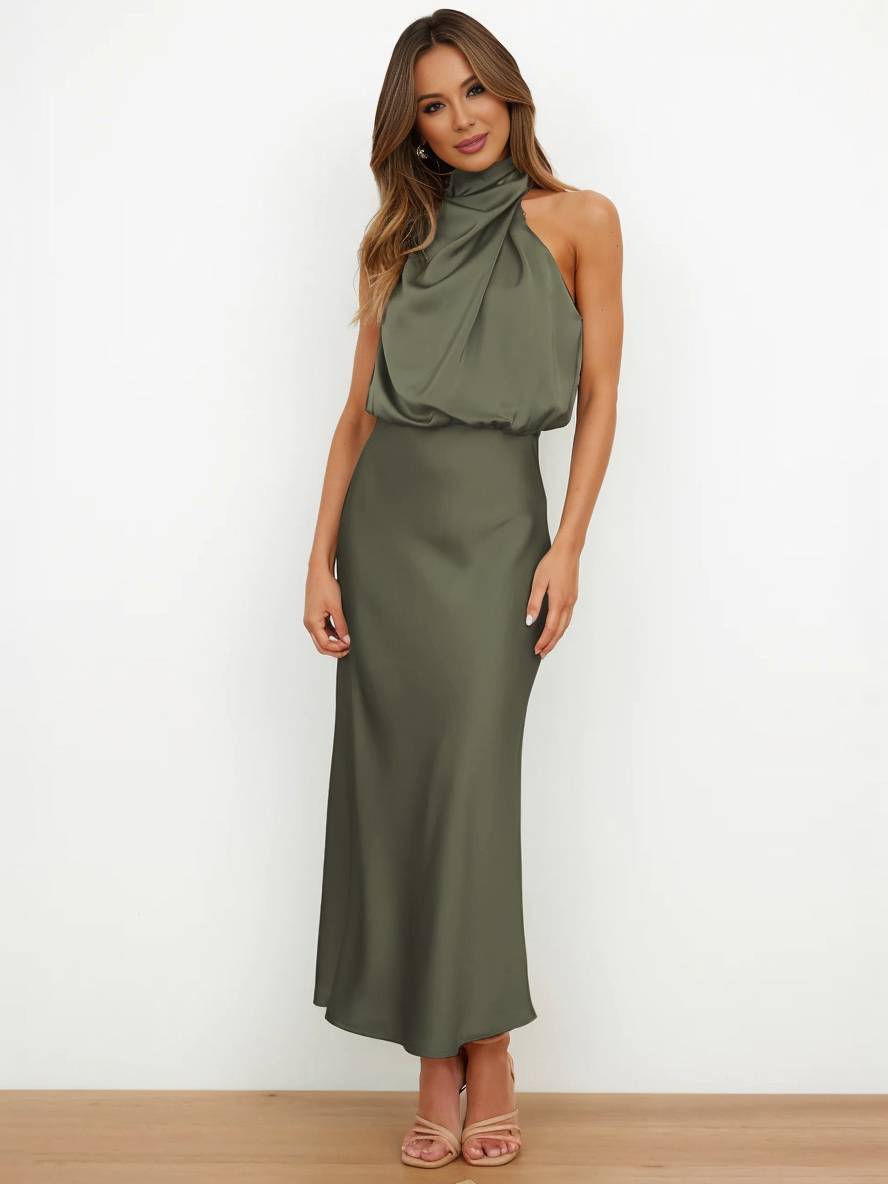 Lange Satin Brautjungfernkleid Unregelmäßiger Rollkragen Halsband Ärmless Elegant Abendkleid für Hochzeit