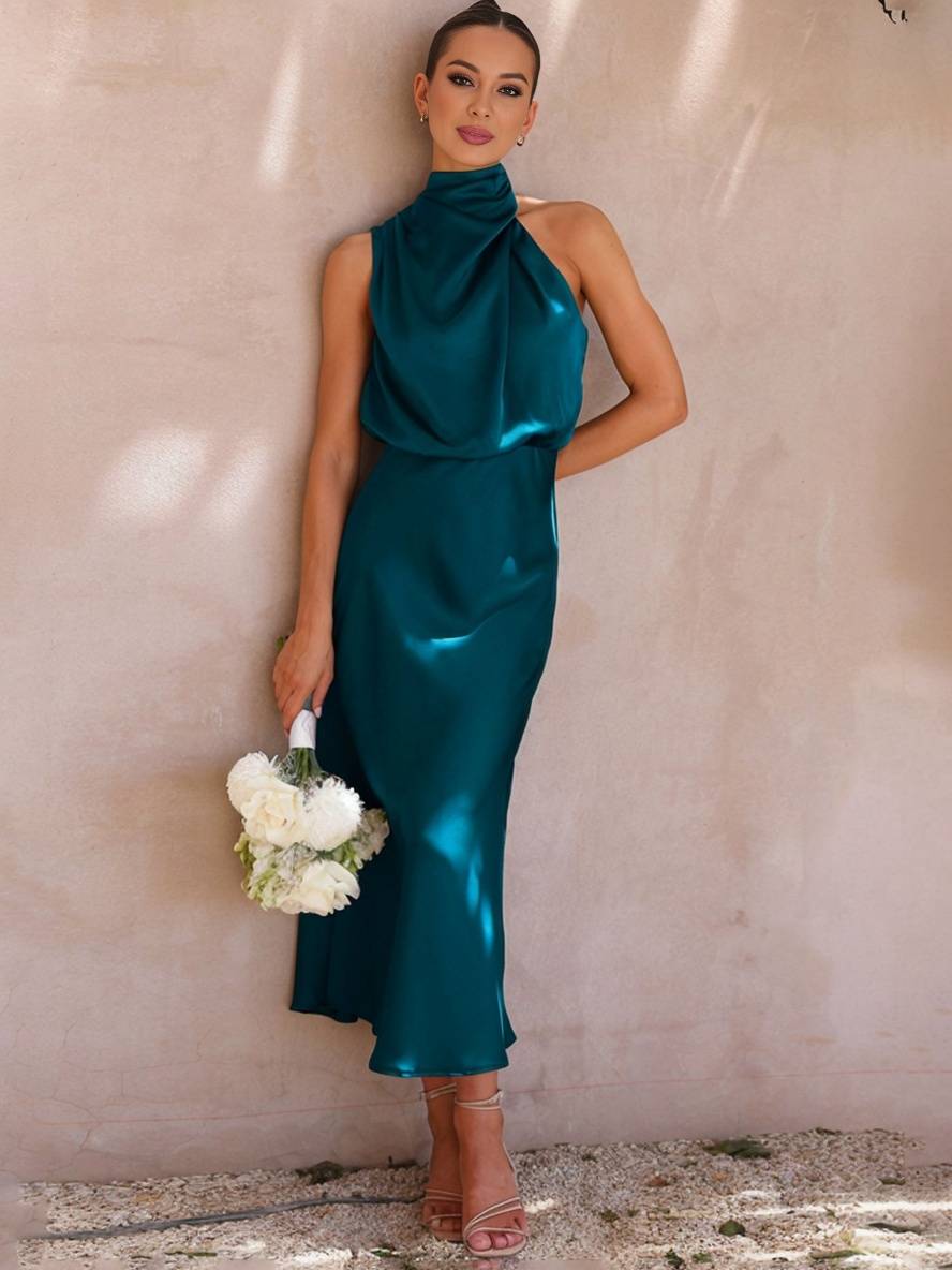 Lange Satin Brautjungfernkleid Unregelmäßiger Rollkragen Halsband Ärmless Elegant Abendkleid für Hochzeit