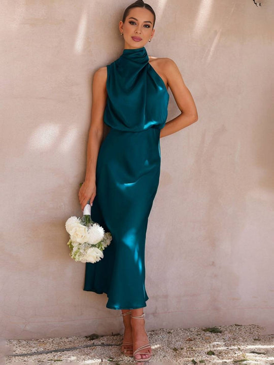 Lange Satin Brautjungfernkleid Unregelmäßiger Rollkragen Halsband Ärmless Elegant Abendkleid für Hochzeit