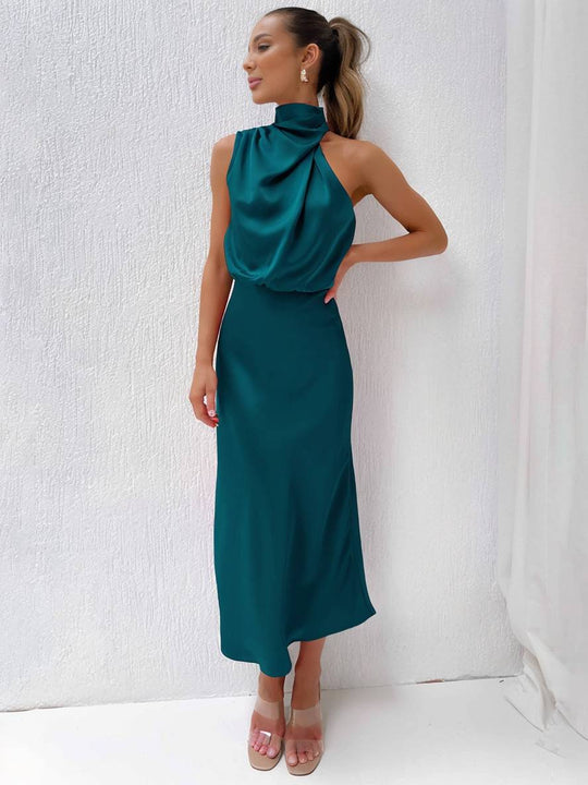 Lange Satin Brautjungfernkleid Unregelmäßiger Rollkragen Halsband Ärmless Elegant Abendkleid für Hochzeit