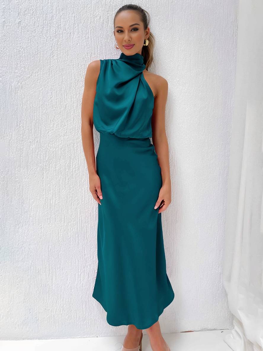 Lange Satin Brautjungfernkleid Unregelmäßiger Rollkragen Halsband Ärmless Elegant Abendkleid für Hochzeit