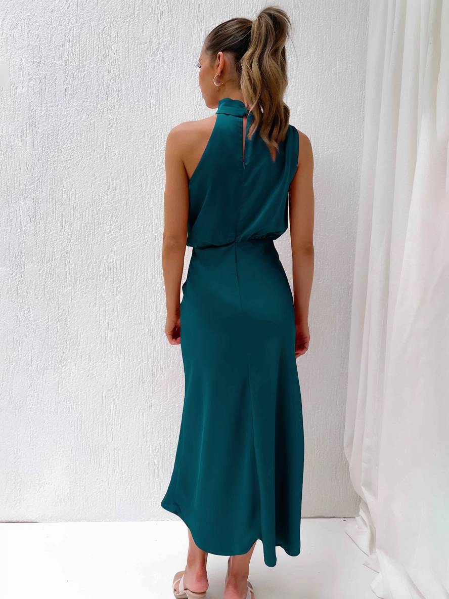 Lange Satin Brautjungfernkleid Unregelmäßiger Rollkragen Halsband Ärmless Elegant Abendkleid für Hochzeit