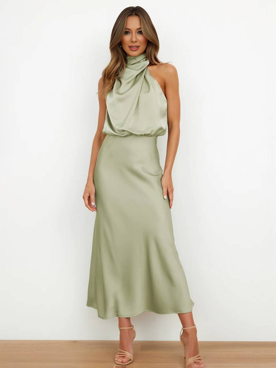 Lange Satin Brautjungfernkleid Unregelmäßiger Rollkragen Halsband Ärmless Elegant Abendkleid für Hochzeit