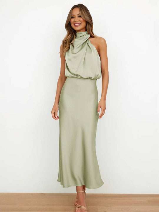 Lange Satin Brautjungfernkleid Unregelmäßiger Rollkragen Halsband Ärmless Elegant Abendkleid für Hochzeit