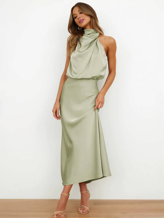 Lange Satin Brautjungfernkleid Unregelmäßiger Rollkragen Halsband Ärmless Elegant Abendkleid für Hochzeit