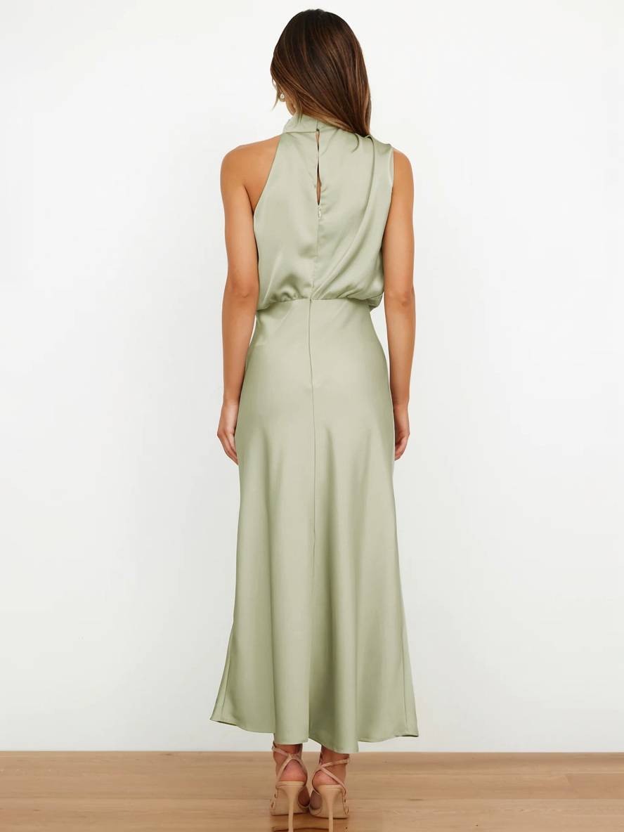 Lange Satin Brautjungfernkleid Unregelmäßiger Rollkragen Halsband Ärmless Elegant Abendkleid für Hochzeit