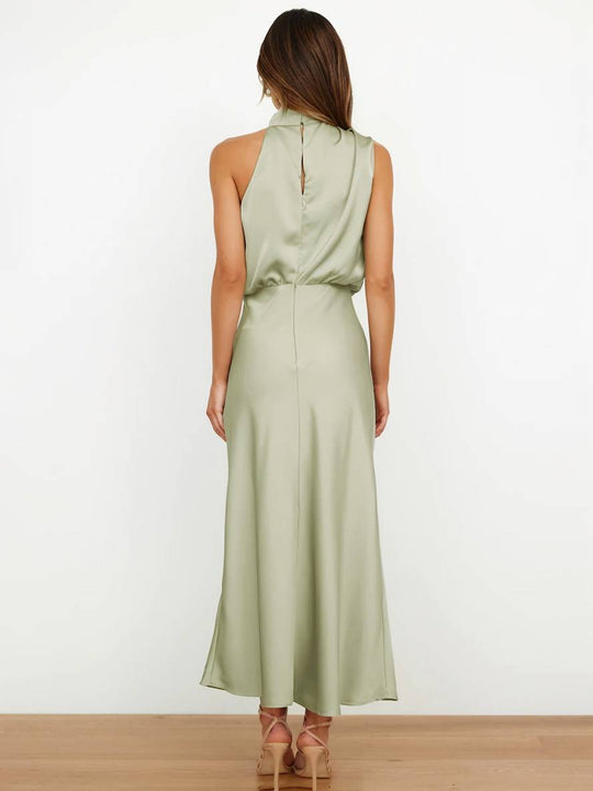 Lange Satin Brautjungfernkleid Unregelmäßiger Rollkragen Halsband Ärmless Elegant Abendkleid für Hochzeit