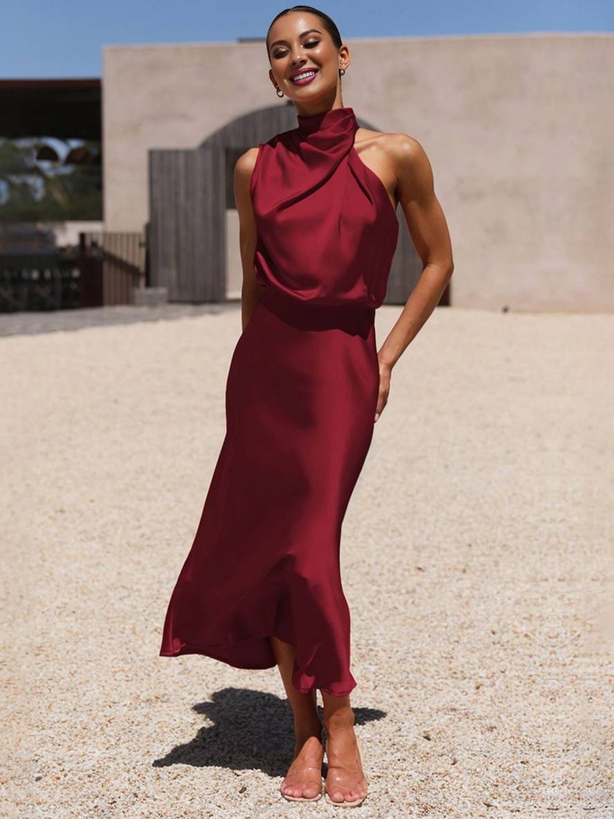 Lange Satin Brautjungfernkleid Unregelmäßiger Rollkragen Halsband Ärmless Elegant Abendkleid für Hochzeit