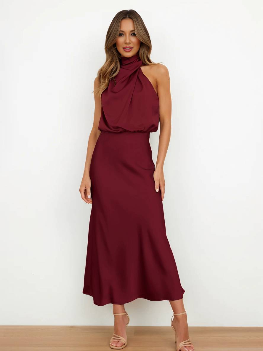 Lange Satin Brautjungfernkleid Unregelmäßiger Rollkragen Halsband Ärmless Elegant Abendkleid für Hochzeit