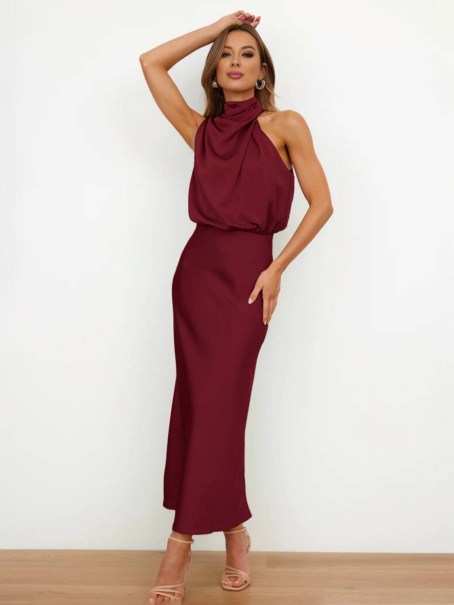 Lange Satin Brautjungfernkleid Unregelmäßiger Rollkragen Halsband Ärmless Elegant Abendkleid für Hochzeit