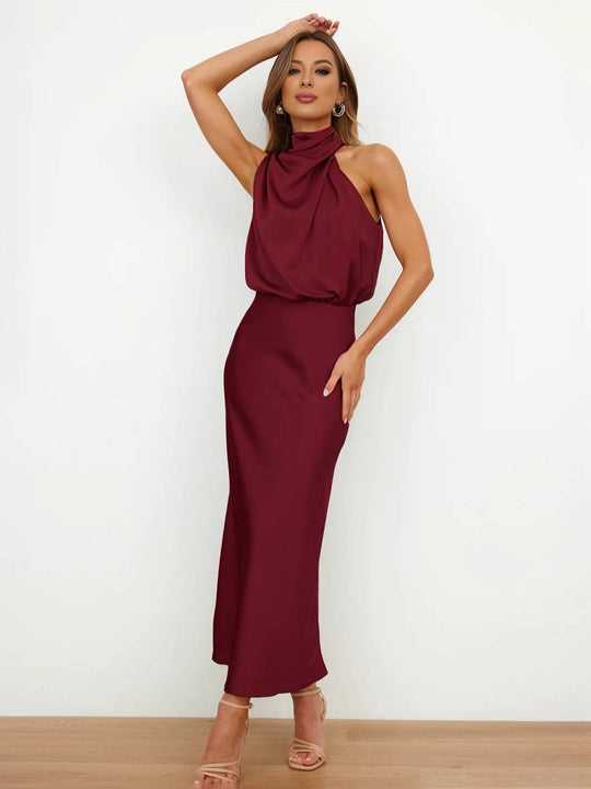 Lange Satin Brautjungfernkleid Unregelmäßiger Rollkragen Halsband Ärmless Elegant Abendkleid für Hochzeit