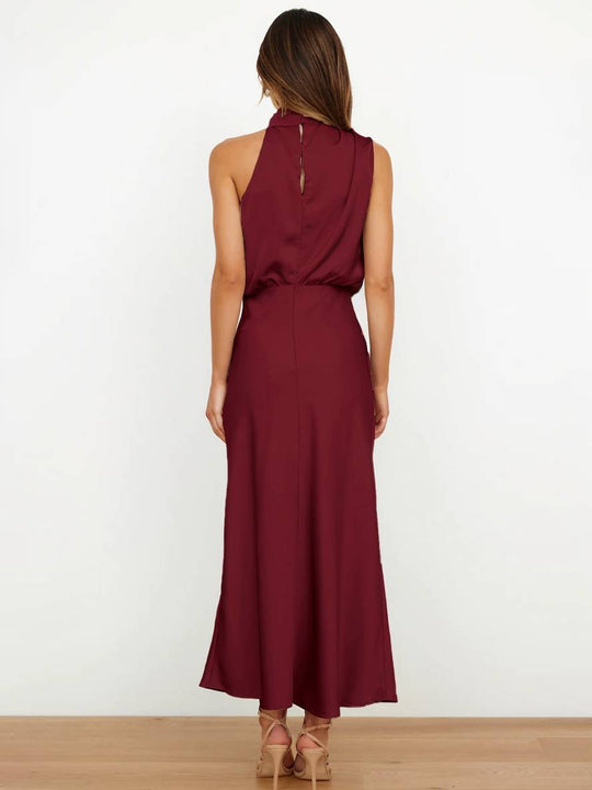 Lange Satin Brautjungfernkleid Unregelmäßiger Rollkragen Halsband Ärmless Elegant Abendkleid für Hochzeit