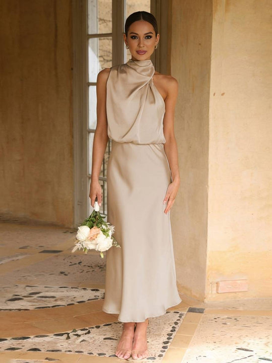 Lange Satin Brautjungfernkleid Unregelmäßiger Rollkragen Halsband Ärmless Elegant Abendkleid für Hochzeit