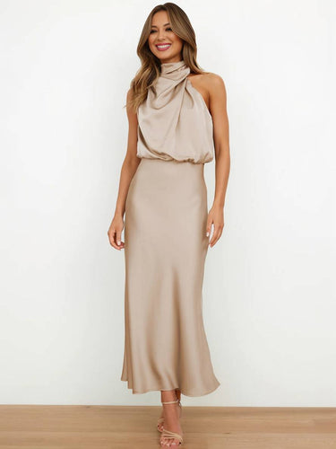 Lange Satin Brautjungfernkleid Unregelmäßiger Rollkragen Halsband Ärmless Elegant Abendkleid für Hochzeit